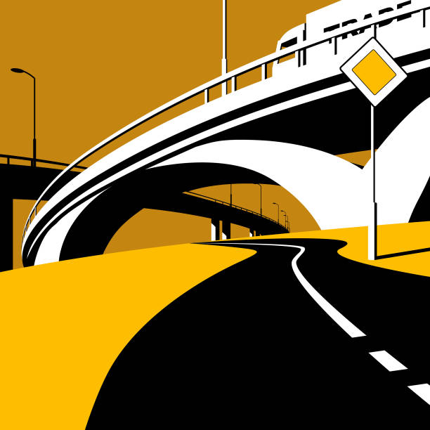 Highway overpass and road in flat style Highway overpass and road in flat style. Modern urban life conceptual vector illustration. overpass road stock illustrations