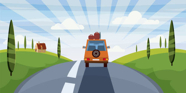 ilustraciones, imágenes clip art, dibujos animados e iconos de stock de verano viajes de autopista, carretera, coche, lindo paisaje, estilo de dibujos animados, vector, ilustración, aislado - road trip