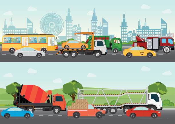 Highways road with many different vehicles. Highways road with many different vehicles with traffic traveling passing through the city and green landscape, transportation design elements vector illustration. traffic silhouettes stock illustrations