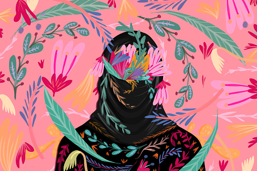 Illustration of a black hijab filled with different types of flowers, representing love and peace