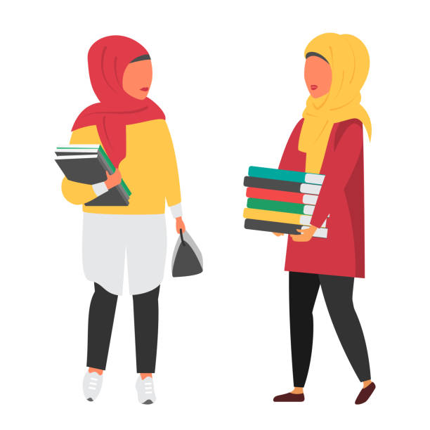 stockillustraties, clipart, cartoons en iconen met hijab moslim student met boeken. onderwijs vector illustratie - arabic student