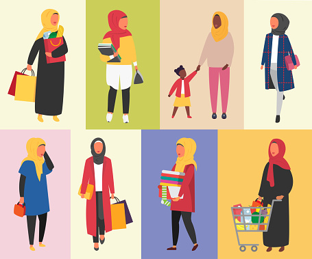 Hijab Muslim Women daily routine vector illustration
