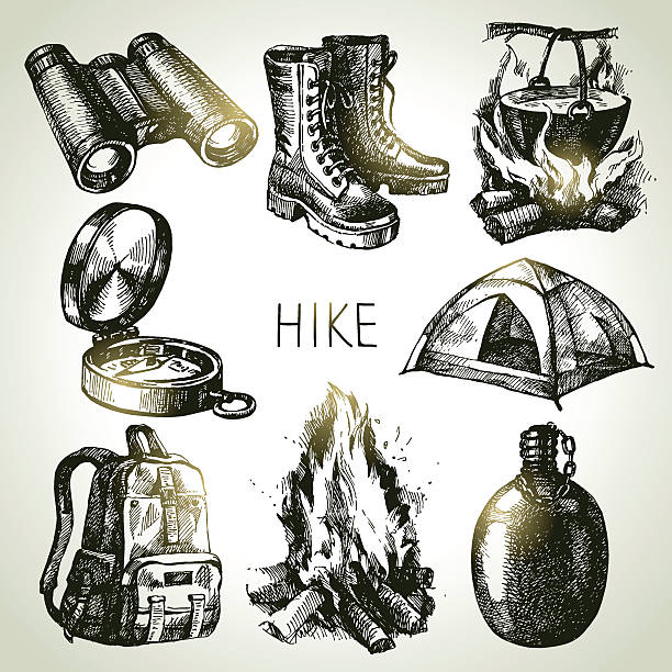 Hike and camping tourism hand drawn set. Sketch design elements Hike and camping tourism hand drawn set. Sketch design elements military drawings stock illustrations
