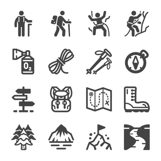 illustrazioni stock, clip art, cartoni animati e icone di tendenza di set di icone escursione - climbing