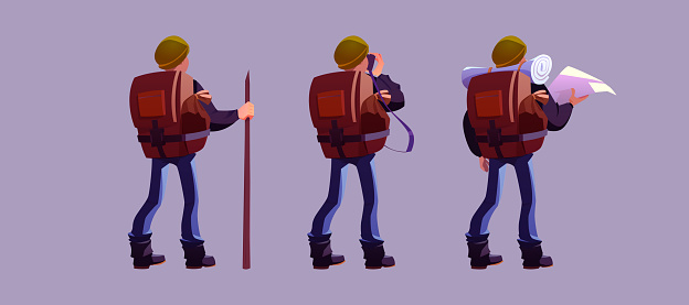 Hiker with backpack rear view traveler cartoon man