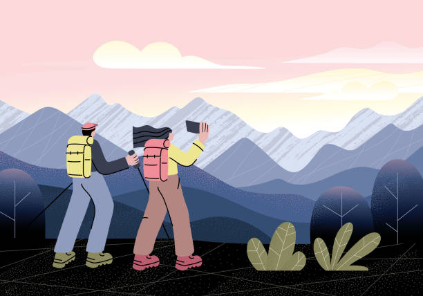 Hikers at mountain viewpoint Couple standing at the mountain viewpoint and taking pictures of landscape.
Fully editable vectors on layers. travel destination illustrations stock illustrations