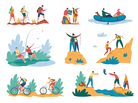 Hiking activity. Tourists walking with backpack, climbing mountains, riding bikes, fishing. Summer vacation outdoor activity or adventure vector set