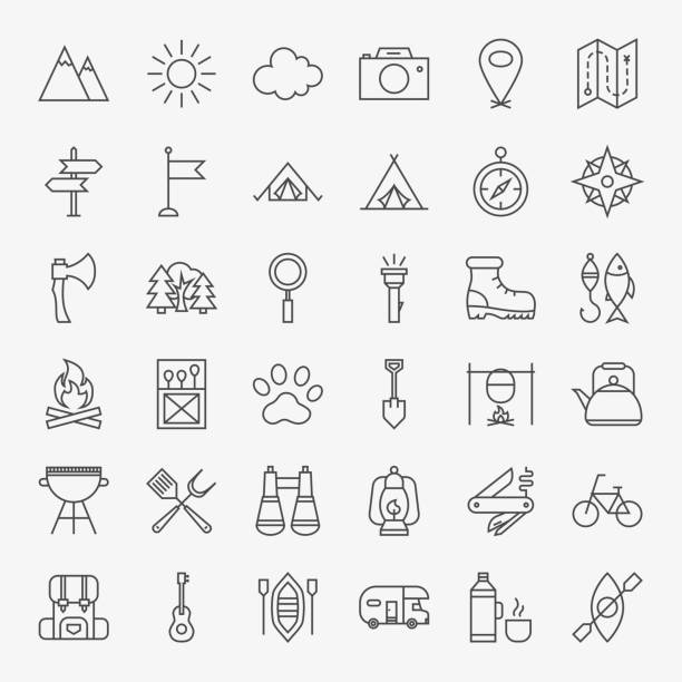 Hiking and Outdoor Line Icons Set Hiking and Outdoor Line Icons Set. Vector Collection of Modern Thin Outline Camping Symbols. adventure icons stock illustrations