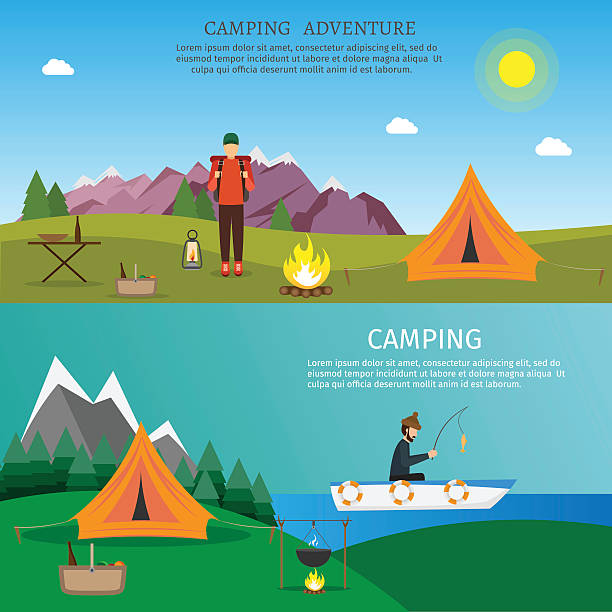 turystyka i na świeżym powietrzu zestaw płaski przyrody camping podróży ilustracji wektora - sparks stock illustrations