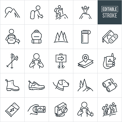 A set of hiking icons that include editable strokes or outlines using the EPS vector file. The icons include a mountain range, hiker with backpack and hiking pole, hiker hiking up a mountain, hiker at top of mountain, backpack, outdoors scene, forest, water bottle, first aid kit, hiking poles, mountain trail, map, GPS device, boots, hiking shoes, dog on a leash, binoculars, protein bar, camera and two people hiking up a trail.