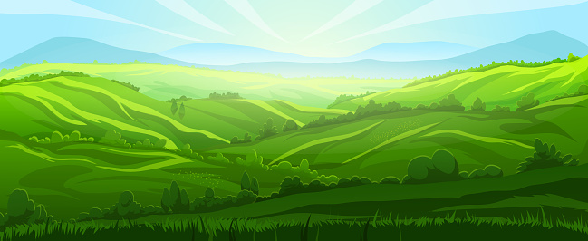 hill background landscape vector. green meadow, summer grass, nature field sky, land mountain, forest scenery, horizon valley hill background nature view cartoon illustration