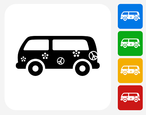 Hippie Bus Icon. This 100% royalty free vector illustration features the main icon pictured in black inside a white square. The alternative color options in blue, green, yellow and red are on the right of the icon and are arranged in a vertical column.