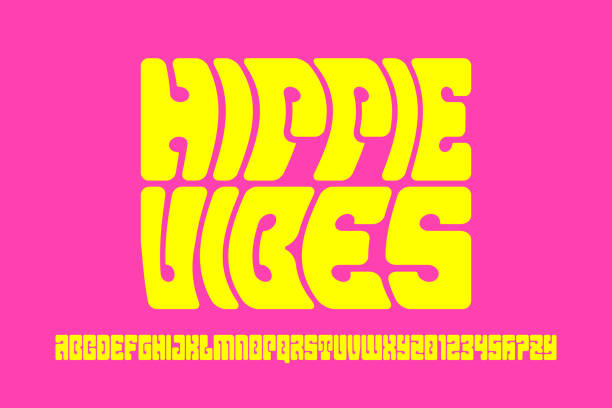Hippie psychedelic style 1960s font Hippie psychedelic style font design, 1960s alphabet letters and numbers psychedelic stock illustrations