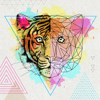 Hipster animal realistic and polygonal tiger on artistic watercolor background