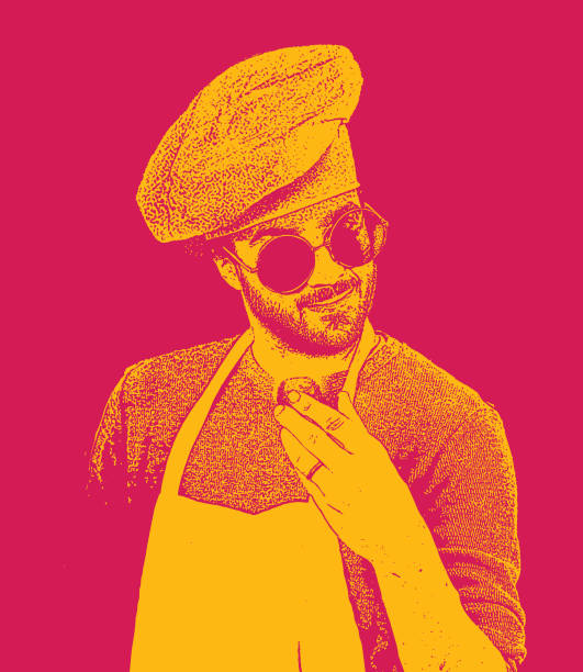 Hipster chef with cool attitude Stipple illustration of a Male hipster chef with cool attitude chef apron stock illustrations