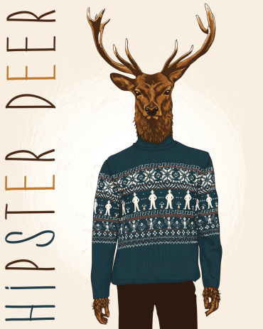 Hand Drawn Vector Illustration of Hipster Deer in sweater with people.