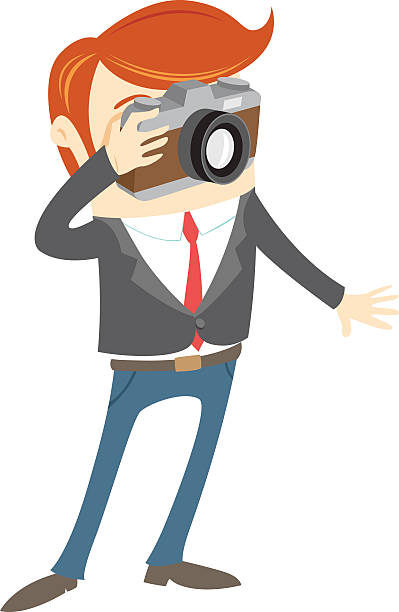 Hipster funny man with camera. Flat style Vector illustration Hipster funny man with camera. Flat style business travel photos stock illustrations