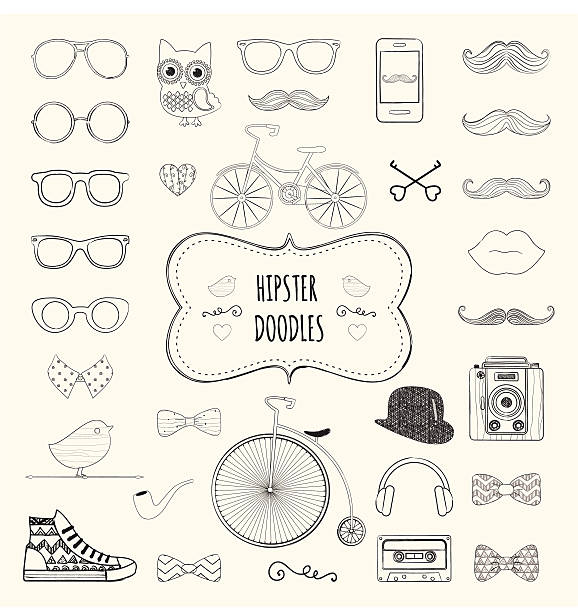 Hipster Retro Vintage Doodle Icon Set Cute Hipster Black and White Retro Vintage Doodle Icon Set. Vector Illustration cycling borders stock illustrations