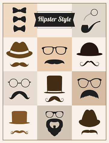 Hipster style mustache hat sunglasses vector set