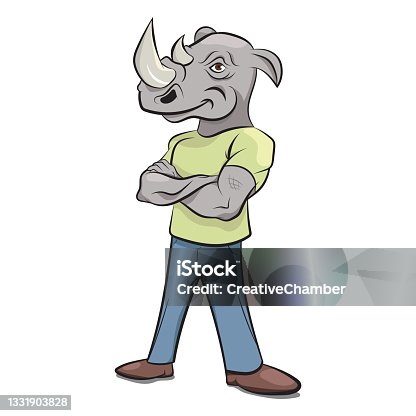 istock Hipster urban cool Friendly Rhino Bodyguard dressed as humans. Anthropomorphic Animals. Cool Rhinoceros Character wearing tshirt and pants. Body Guard. Anthropomorphism. Animals Dressed as Humans. 1331903828