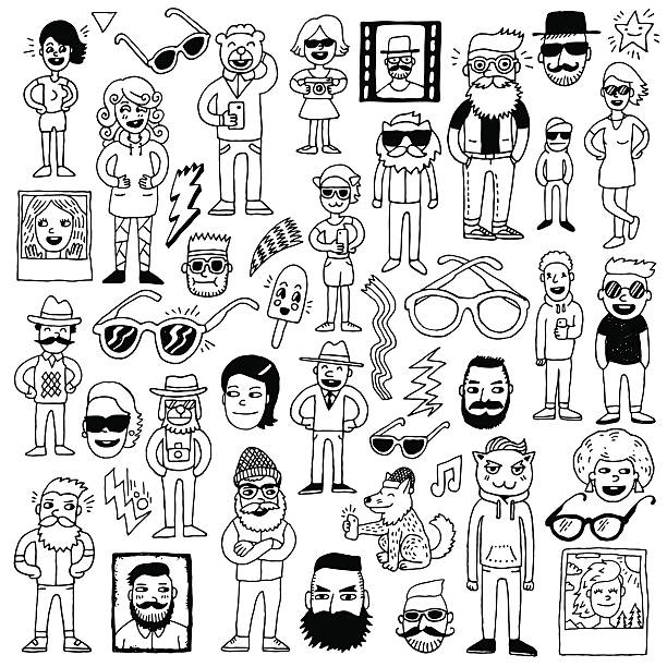 Hipsters doodle hand drawn vector set. Hipsters doodle hand drawn vector set. selfie patterns stock illustrations