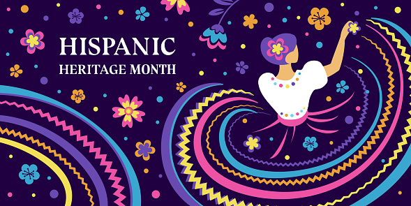 Hispanic heritage month. Vector web banner, poster, card for social media, networks. Greeting with national Hispanic heritage month text, flowers and dancing woman on floral pattern background.