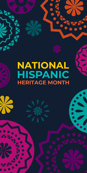 Hispanic heritage month. Vertical vector web banner, poster, card for social media. Greeting with national Hispanic heritage month text, Papel Picado pattern, perforated paper on black background