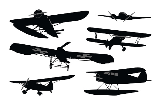 Antique historical aircraft and plane silhouettes with propellers and sea plane and biplane.