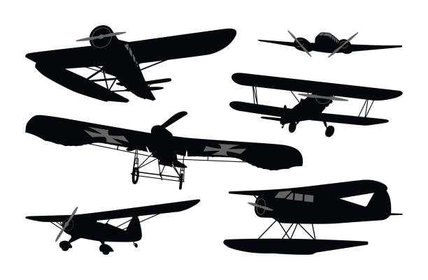 Historical Aircraft and Antique Flying Planes Antique historical aircraft and plane silhouettes with propellers and sea plane and biplane. military drawings stock illustrations