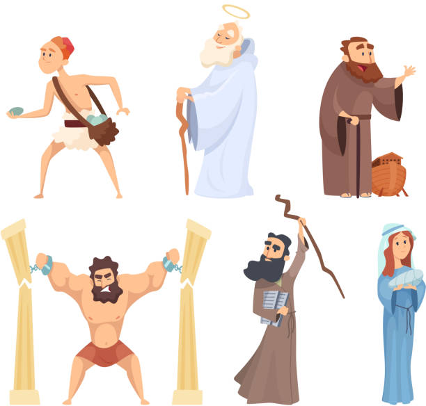 Historical illustrations of christian characters of holy bible Historical illustrations of christian characters of holy bible. Vector noah and virgin mary, judah and moses bible stock illustrations