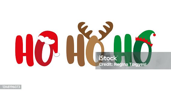 istock Ho Ho Ho - Christmas greeting typography, with Santa hat, antler, and elf hat. Holiday quote, decoration. 1348196073