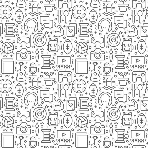 Hobbies related seamless pattern with thin line icons Hobbies related seamless pattern with thin line icons hobbies stock illustrations