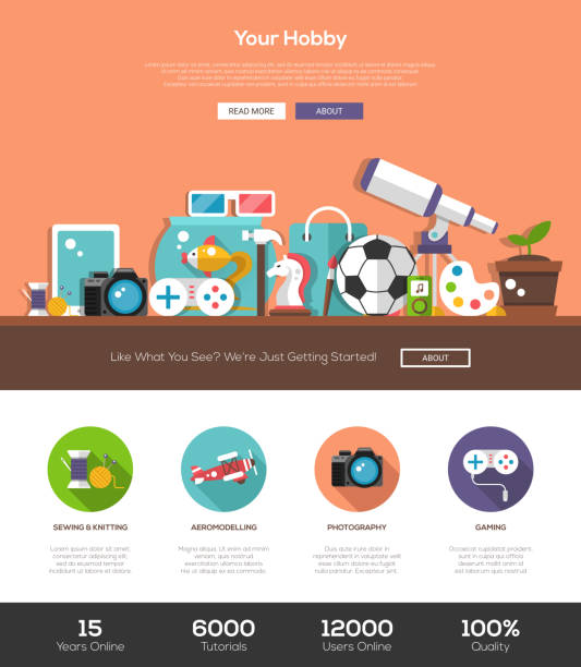 Hobbies website template with header and icons Hobbies website template with modern flat design banner, header, icons and other web design vector elements hobbies stock illustrations