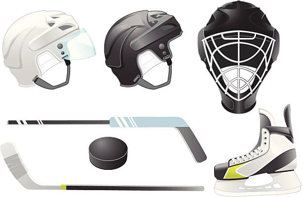 Hockey accessories Goaltender helmet, hockey sticks, skate and puck hockey goalie stick stock illustrations
