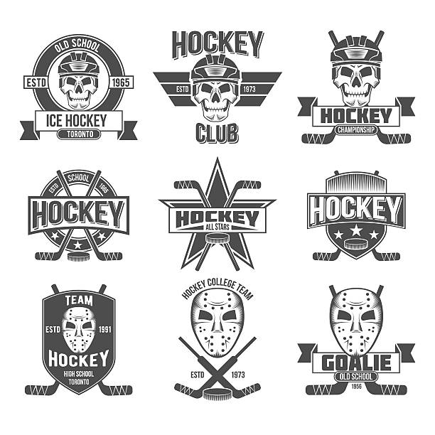 hockey logo set Ice hockey labels and design elements. The emblem with goalkeeper helmet, hockey pucks, sticks, protective masks , heraldic shields, wreaths, ribbon banners. Vintage Badge Logo Template hockey goalie stick stock illustrations
