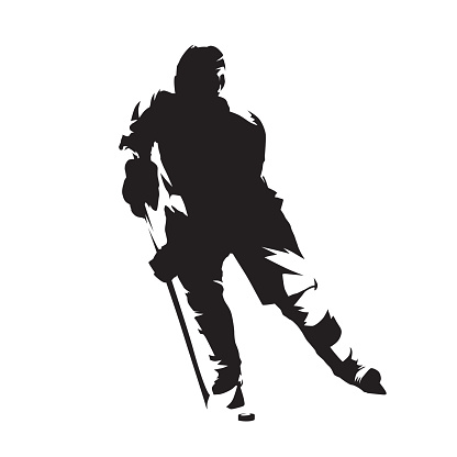 Hockey player, isolated vector silhouette, front view. Ice hockey