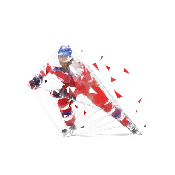 stockillustraties, clipart, cartoons en iconen met hockeyspeler, lage veelhoekige ijshockey schaatser in rode trui met puck, geïsoleerde geometrische vector illustratie - wintersport