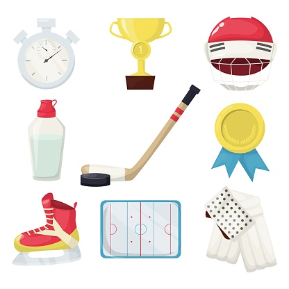 Hockey players shoot puck and attacks winter sports ice equipment vectorillustration. Professional goal skate game playing championship.