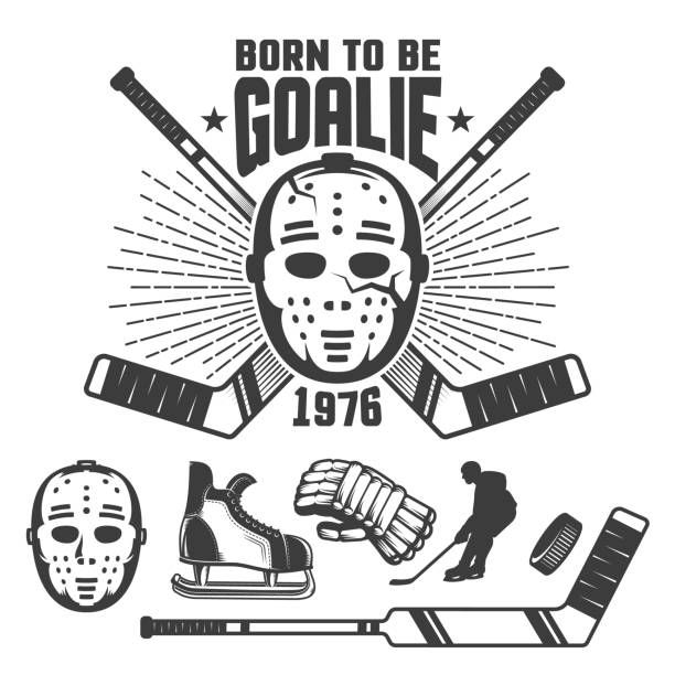 Hockey retro emblem with vintage goalkeeper's mask and sticks Hockey retro emblem with vintage goalkeeper's mask and sticks. Inscription is born to be goalie. hockey goalie stick stock illustrations