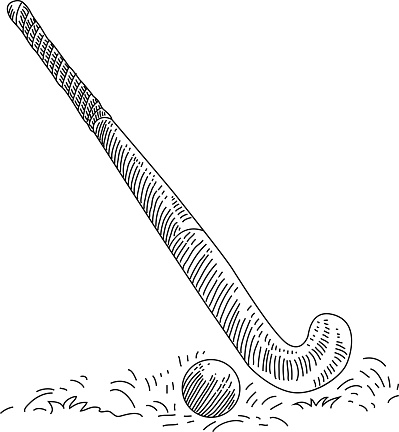 Line drawing of Hockey Stick and Ball. 