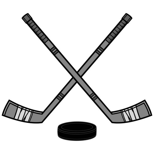 Hockey Sticks and Puck Illustration A vector cartoon illustration of a couple of Hockey Sticks and a Puck. hockey stick stock illustrations