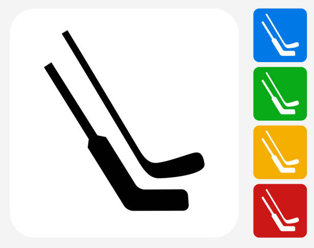 Hockey Sticks Icon Flat Graphic Design Hockey Sticks Icon. This 100% royalty free vector illustration features the main icon pictured in black inside a white square. The alternative color options in blue, green, yellow and red are on the right of the icon and are arranged in a vertical column. hockey stick stock illustrations