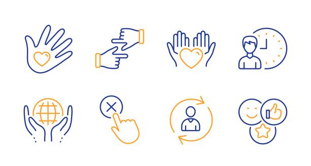 Hold heart, Click hands and Person info icons set. Vector Hold heart, Click hands and Person info line icons set. Reject click, Organic tested and Social responsibility signs. Working hours, Like symbols. Care love, Direction. People set. Vector social responsibility stock illustrations