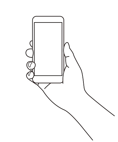Holding a cell phone (mobile phone) at hand, line illustration