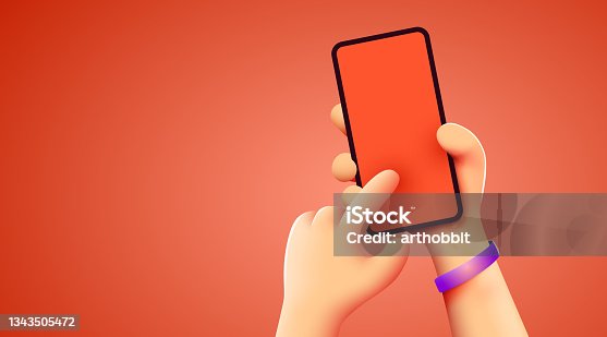 istock Holding phone in two hands. Phone mockup. Editable smartphone template. Touching screen with finger. 1343505472