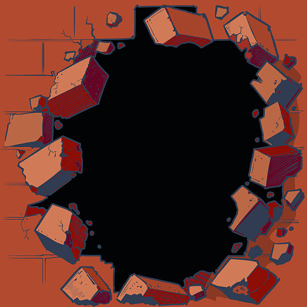 ilustraciones, imágenes clip art, dibujos animados e iconos de stock de romper a través de un orificio de rojo muro de ladrillos - crumble