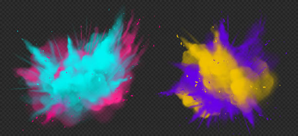 Holi paint powder color explosion realistic Holi paint powder color explosion realistic vector illustration. Blue pink, yellow purple dust splash, spring holiday paint burst isolated on dark transparent, decorative element for indian fest colored powder stock illustrations