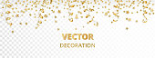 Holiday background. Isolated golden garland border, frame. Hanging baubles and streamers. Falling confetti. For Christmas, New year cards, birthday and wedding invitations, banners, party posters.
