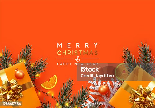 istock Holiday background Merry Christmas and Happy New Year. Xmas design with realistic festive objects, Pine and spruce branches, sparkling lights garland, gift box, silver snowflake, balls bauble. 1286617486