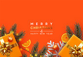istock Holiday background Merry Christmas and Happy New Year. Xmas design with realistic festive objects, Pine and spruce branches, sparkling lights garland, gift box, silver snowflake, balls bauble. 1286617486